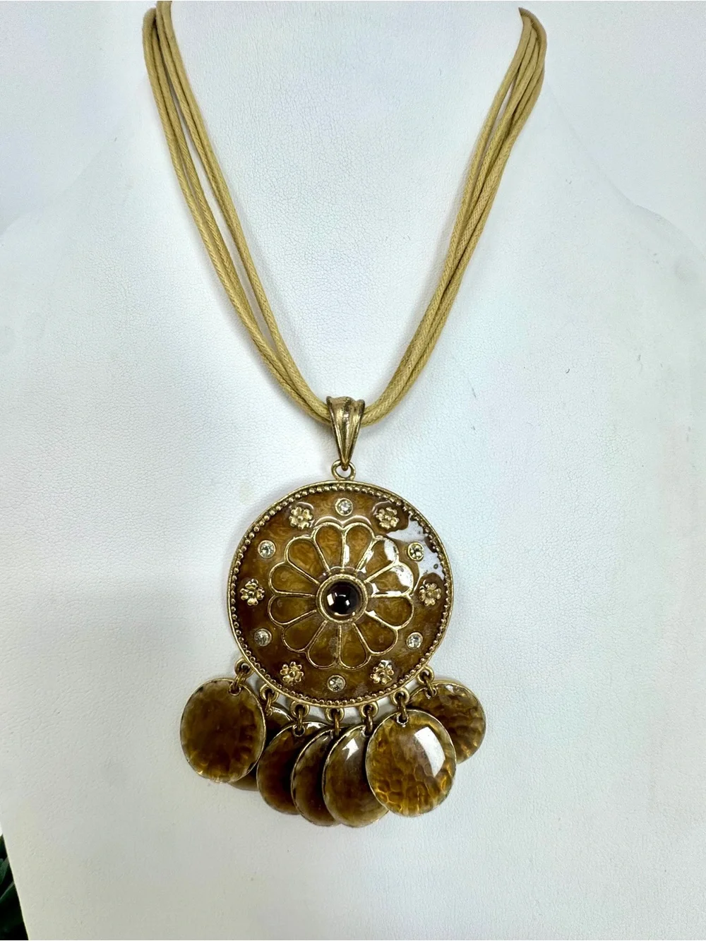 Vintage Boho Gold Tone Filigree Medallion Pendant Multi Strand Corded Necklace